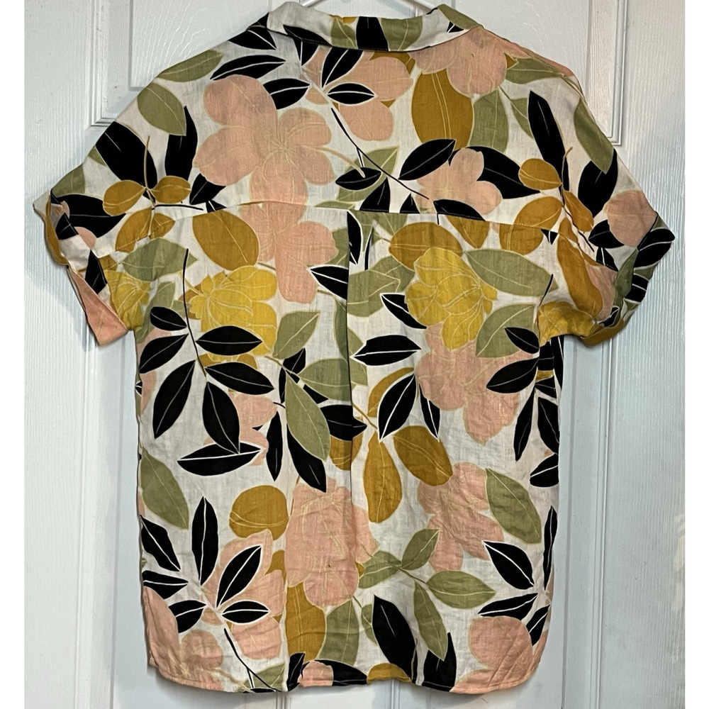 Rachel Zoe 100% Linen Top Botanical Tropical Leaves pleated buttonup small shirt - Picture 3 of 8